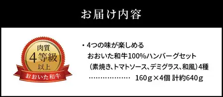 3Dフリーザーで急速冷凍。美味しさそのまま！　4つの味が楽しめる　おおいた和牛100%ハンバーグセット　4個約640ｇ A05051
