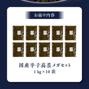 国産辛子高菜メガセット_国産 辛子高菜 1kg × 10袋 小分け 便利 おすそわけ 程よい ピリ辛 高菜 油炒め ごま 漬物 栄養豊富 健康維持 ご飯 おにぎり チャーハン パスタ ラーメン 牛丼 和え物 炒め物 宅飲み メガ セット お取り寄せ お取り寄せグルメ 福岡県 久留米市 送料無料 〔Ca211〕