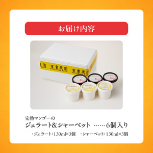 【2026年7月お届け】完熟マンゴーのジェラート＆シャーベット130ml×6個入り_先行予約 完熟 マンゴー ジェラート シャーベット セット 130ml × 6個 各3個 高糖度 果肉 使用 地植栽培 アイス デザート ご褒美 冷凍 トロピカルフルーツ 果物 国産 倉重農園 グルメ お取り寄せ お取り寄せグルメ 福岡県 久留米市 送料無料 〔Dw012〕