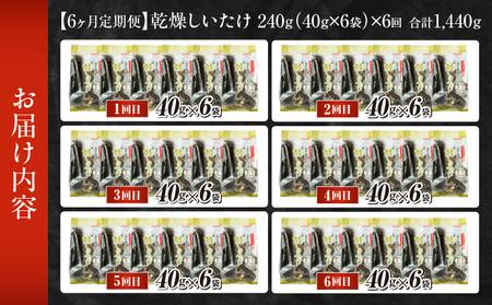 【6ヶ月定期便】乾燥しいたけ 240g（40g×6袋）×6回 1,440g しいたけ 定期便 定期 定期的 国産 宮崎県産 原木 栽培 乾燥 干し椎茸 原木椎茸 国産しいたけ 小分け 袋 小袋 普段使い 使い勝手 使い切り 肉厚 旨み 香り グルメ お取り寄せ 宮崎県 高千穂町 _Tk004-t041
