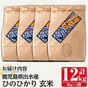 鹿児島県 出水市産 ひのひかり 玄米 (計12kg・3kg×4袋) お米 ごはん ご飯 【田上商店】 i503