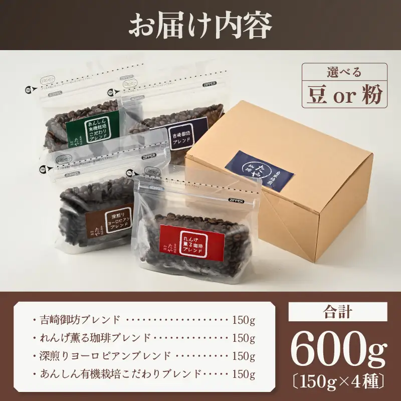 【豆タイプ】贅沢セット！直火焙煎珈琲豆150g×4種類（計600g） ／ コーヒー 人気 専門店 本格的 スペシャリティー珈琲 有名店 美味しいコーヒー ミル おすすめ 香り アイスコーヒー 田谷珈琲 たやコーヒー [aw057-a002_02]