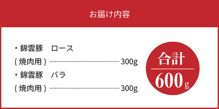 【ブランド豚肉】お米育ちの錦雲豚　焼肉ギフト　600g（ロース300g・バラ300g）_FN0201