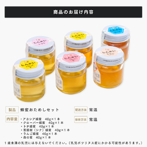 国産天然 しんかい蜂蜜おためしセット (40g×6本) ( ふるさと納税 はちみつ アカシア蜂蜜 クローバー蜂蜜 トチ蜂蜜 菩提樹(シナ)蜂蜜 りんご蜂蜜 森の蜜 国産 ハチミツ セット 北海道 遠軽町 株式会社 新海養蜂場 ) en01-00158