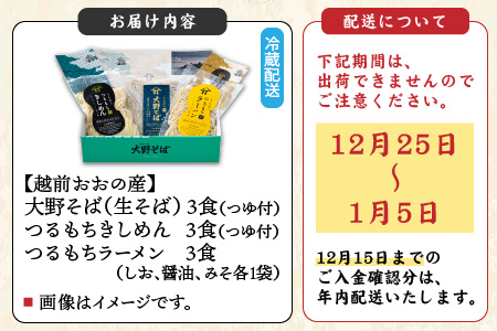 越前大野産 石臼挽き 越前そば 生そば＋きしめん＋ラーメン 各3食セット（つゆ、スープ付）