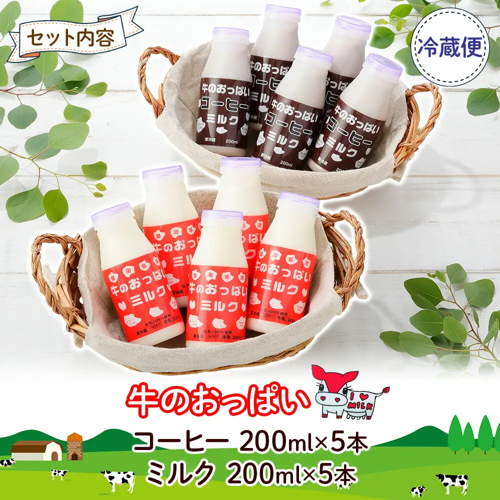 787.牛のおっぱいミルク 5本 コーヒー 5本 計10本 飲み比べ セット 牛乳 生乳 ミルク 牛 酪農 飲料 しぼりたて コーヒー 珈琲 お取り寄せ ギフト gift 渡辺体験牧場 まとめ買い 北海道 弟子屈町