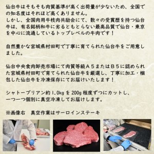 A5仙台牛 シャトーブリアン ステーキ 約1.0kg(約200g×5)【配送不可地域：離島】【1239656】
