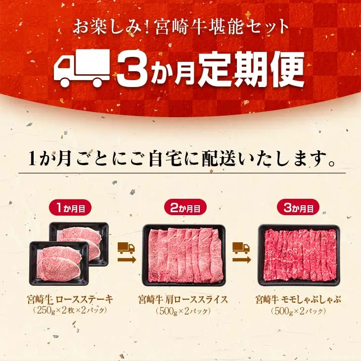 3か月 お楽しみ 定期便 宮崎牛 堪能 セット 合計3kg_L9-25