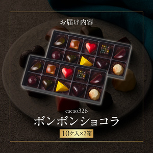 cacao 326  ボンボンショコラ 10ヶ入 × 2箱_cacao 326 ボンボンショコラ 10ヶ入×2箱 ビーントゥーバー Bean to Bar チョコレート 新鮮 フルーツ 10種類 詰め合わせ 素材 そのもの 香り 味 職人 手作り 材料 生産農家 こだわり 厳選 ギフト ご褒美 洋菓子 スイーツ お取り寄せ 久留米市 送料無料 〔Dw018〕