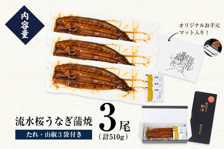 熟練の技が冴える！うなぎの柳澤 流水桜うなぎの蒲焼き3尾(計510g) うなぎ 鰻 ウナギ 国産 鹿児島県産 九州産 蒲焼き 冷凍 うな重 ひつまぶし b2-016