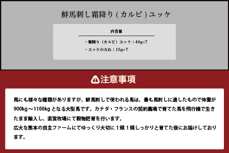 鮮馬刺し 霜降り （カルビ） ユッケ 7パック 計280g  冷凍 馬刺し 世界的衛生基準SQF認証取得 真空パック 霜降り 霜降りカルビ 馬刺し 馬刺 バサシ 馬 馬肉 お肉 肉 ユッケ タレ お手軽 グルメ 熊本県 多良木町 送料無料 贅沢 031-0138