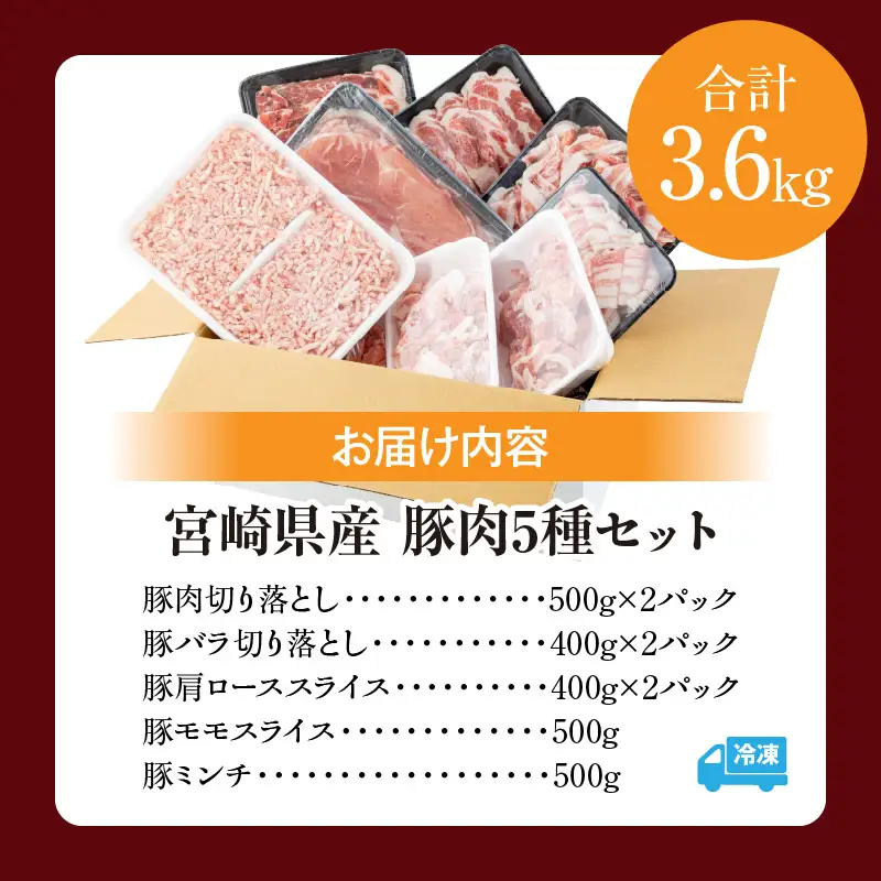 豚肉 切り落とし 豚肉[宮崎県産 5種 3.6kg ミンチ バラ 肩ロース モモスライス]