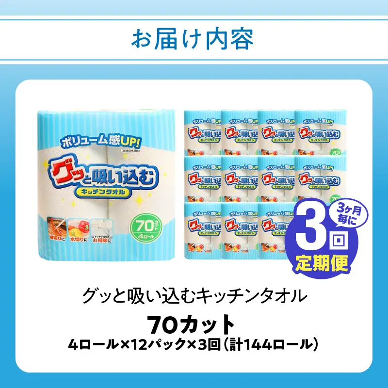 【3ヶ月毎に配送】キッチンタオル70カット（4ロール×12パック）3回お届け定期便 T10032