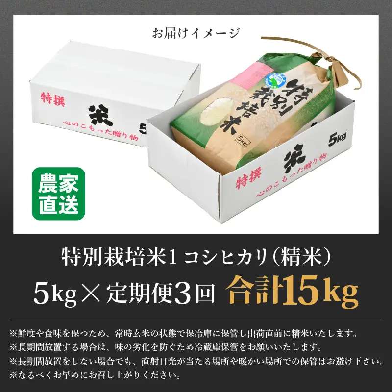 【先行予約】【令和8年産 新米】定期便《3ヶ月連続お届け》コシヒカリ 精米 5kg （計15kg）特別栽培米 農薬不使用 化学肥料不使用 ／ 残留農薬ゼロ 高品質 鮮度抜群 福井県産 ブランド米 白米 ※2026年10月上旬以降順次発送 [aw063-d005]