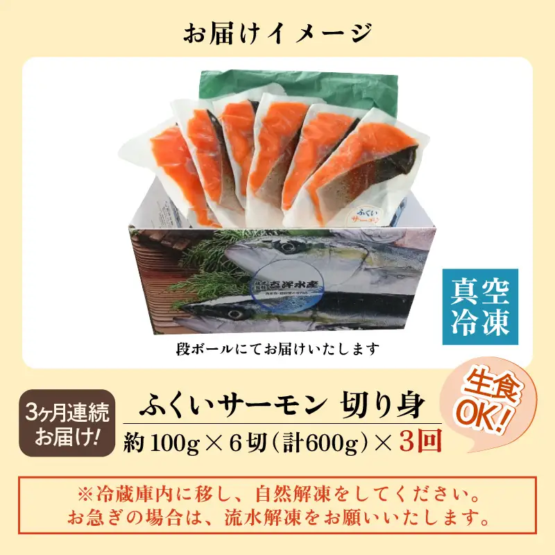 《定期便3回》ふくいサーモン 切り身 100g×6切 計600g＜鮮度抜群！＞ ／サーモン 鮭 [aw002-f002]