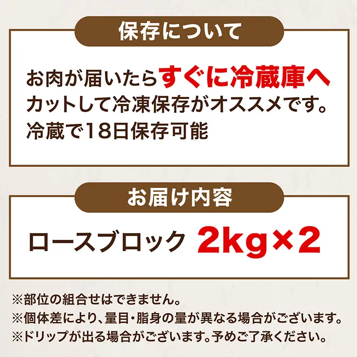 山形県庄内SPF豚 最上川ポークロースブロック 4kg（2kg×2）国産 豚肉 冷蔵便