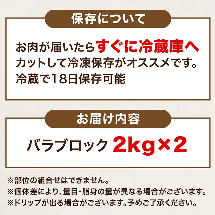 山形県庄内SPF豚 最上川ポークバラブロック 4kg（2kg×2）国産  豚肉 冷蔵便