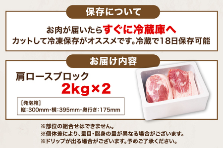 山形県庄内SPF豚 最上川ポーク肩ロースブロック 4kg（2kg×2） 国産 豚肉 冷蔵便