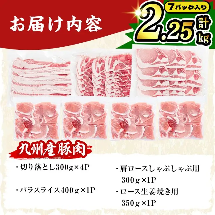 【数量限定】小分け・真空パック!九州産豚肉4種セット＜計2.25kg＞豚肉 小分け 豚 ロース バラ モモ ウデ 肩ロース  真空パック バラエティ 詰め合わせ セット 訳あり a3-212