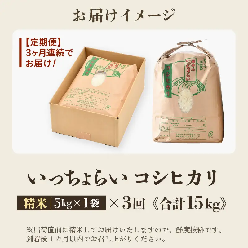 【先行予約】【令和8年産・新米】【一等米】《定期便3回》いっちょらい 精米 5kg × 3回（計15kg）／ 福井県産 ブランド米 コシヒカリ ご飯 白米 新鮮 大賞 受賞 新米 福井県あわら産 ※2026年10月上旬以降順次発送予定 [aw012-c009]