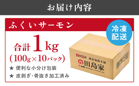 ふくいサーモン 1kg (刺身用)　真空冷凍　100g × 10パック【サーモン 鮭 刺身 さけ サケ さかな 魚 人気 海鮮 海鮮食品 小分け お刺身用 生食用 生食可 低脂肪 低カロリー ヘルシー 冷凍 国産】 [C-6203]