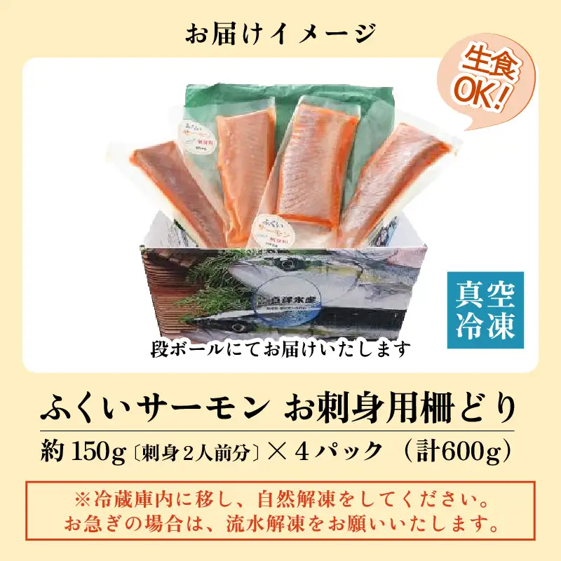 鮮度抜群！アレンジ自在！ふくいサーモンお刺身用柵どり 600g ≪鮮度抜群！≫ 150g×4パック ／サーモン 鮭 [aw002-b004]