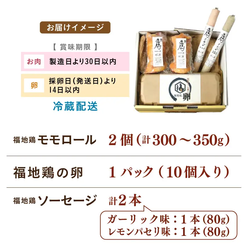 福井ブランド「福地鶏」セット（モモロール2本・2種のソーセージ・卵）お肉と卵が存分に堪能できる！ [aw036-b004]