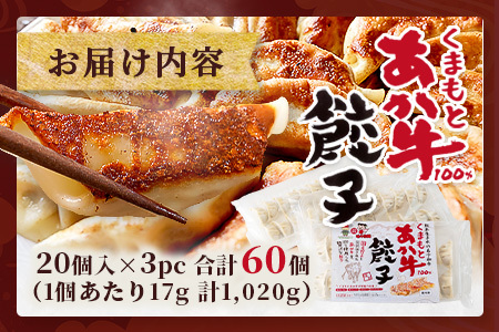 【餃子】 くまもとあか牛 100％ 餃子 計60個（20個×3パック） 餃子 冷凍餃子 おつまみ餃子 あか牛餃子 くまもとあか牛餃子 国産野菜餃子 焼き餃子 国産餃子 お手軽餃子 お弁当餃子 中華餃子 冷凍 熊本県産 あか牛 ぎょうざ 惣菜 おかず 和牛 牛肉 お手軽 簡単 073-0403