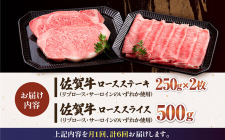 【全6回定期便】佐賀牛 ロース ステーキ・スライス定期（ステーキ 250g×2・スライス 500g） HAA049