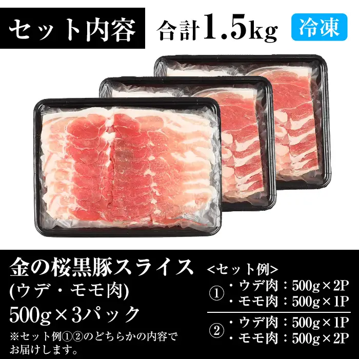 ☆大容量☆金の桜黒豚スライス 計1.5kg（500g×3P）ウデ・モモ肉 薄さ1.2mm 高校生が丹精込めて育てた黒豚【A-2002H】