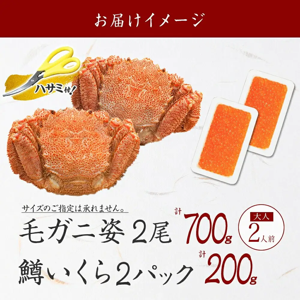 3629. 毛蟹 2尾 計700g前後 鱒いくら醤油漬け 200g 専用ハサミ・食べ方ガイド付き 毛ガニ 毛がに 蟹 カニ  鱒いくら いくら 醤油漬け ボイル 北海道 弟子屈町