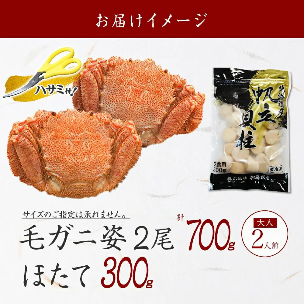 3419. 毛蟹 2尾 計700g前後 ホタテ 300g 専用ハサミ・食べ方ガイド付き 毛ガニ 毛がに 蟹 カニ カニ味噌 ほたて 帆立 貝柱 海鮮 ボイル 北海道 弟子屈町