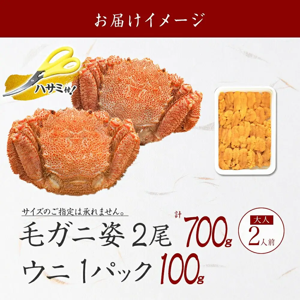 3418. 毛蟹 2尾 計700g前後 うに チリ産 冷凍 100g 専用ハサミ・食べ方ガイド付き 毛ガニ 毛がに 蟹 カニ かに 蟹肉 カニ味噌  ウニ 雲丹 海鮮 ボイル 北海道 弟子屈町