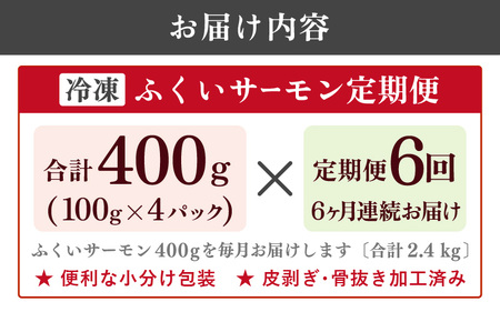 【6ヶ月連続お届け】ふくいサーモン 400g (刺身用) 真空冷凍 100g× 4パック × 6回【サーモン 鮭 刺身 さけ サケ さかな 魚 人気 海鮮 海鮮食品 小分け お刺身用 生食用 生食可 低脂肪 低カロリー ヘルシー 冷凍 国産】 [H-6202]