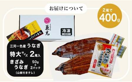 愛知県三河一色産うなぎ蒲焼き特大サイズ2尾+きざみうなぎ2食入りセット(長焼き2尾で400g+ きざみうなぎ50g×2食) 国産 愛知県産 西尾市産 西尾市一色産 うなぎの兼光 鰻 ウナギ 蒲焼き 惣菜 総菜 タレ付き たれセット 巨大 きざみ キザミ 刻み 丑の日 土用の丑の日 ・U022-16