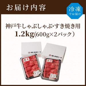 神戸牛しゃぶしゃぶ・すきやき1.2kg(600ｇ×2) 《 鍋 お鍋 すき焼き しゃぶしゃぶ 神戸牛 1.2kg  国産 送料無料 お取り寄せ 牛肉 小分けタイプ 美味しい おすすめ 》【2404A00216】