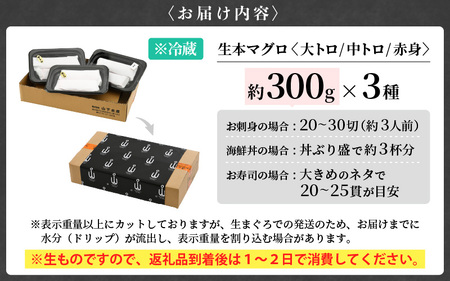 まぐろの王様！生本マグロ！まぐろ三昧セット合計900g前後（赤身・中トロ・大トロ各約300g） [e04-e005]