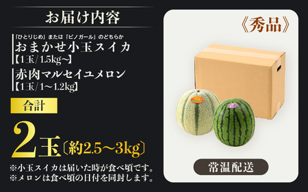 【先行予約】佐藤農園の小玉スイカ・マルセイユメロン セット 計2玉（約2.5kg～3kg） 秀品 農家直送 有機肥料 低農薬 ※2026年6月上旬より順次発送 [aw069-a004]