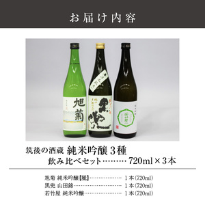 ≪地場産くるめオリジナル≫ 筑後の酒藏 純米吟醸 3種飲み比べセット（720ml×3本）_純米吟醸 飲み比べ セット 各720ml 爽やか キレのいい 旭菊 麗 焼酎 黒麹 仕込み こだわり 黒兜 山田錦 香り 喉越し 食中酒 極み 若竹屋 3種類 純米系 吟醸造り 筑後 酒藏 日本酒 酒 清酒 地酒 醸造酒 お取り寄せ 福岡県 久留米市 送料無料 〔Ej017〕