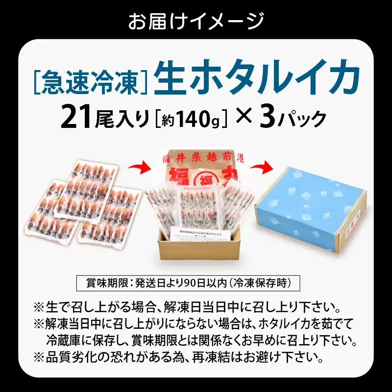 【TVで紹介！】 急速冷凍 生 ホタルイカ 21尾入 × 3 計約420g（刺身・しゃぶしゃぶ用） ほたるいか  [e15-a014]