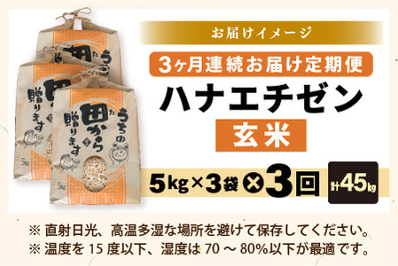 【先行予約】【令和8年産・新米】定期便 ≪3ヶ月連続お届け≫ ハナエチゼン15kg×3回 計45kg ～本原農園からまごころコメて～（玄米）【2026年9月上旬以降順次発送予定】 [I-8906_02]