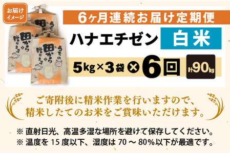 【先行予約】【令和8年産・新米】定期便 ≪6ヶ月連続お届け≫ ハナエチゼン15kg×6回 計90kg ～本原農園からまごころコメて～（白米）【2026年9月上旬以降順次発送予定】 [N-8905_01]