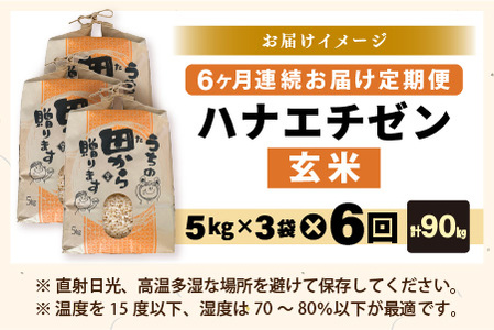 【先行予約】【令和8年産・新米】定期便 ≪6ヶ月連続お届け≫ ハナエチゼン15kg×6回 計90kg ～本原農園からまごころコメて～（玄米）【2026年9月上旬以降順次発送予定】 [N-8905_02]