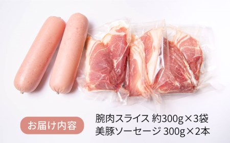 【限定20品！】竹原さんちの美豚ギフトセットA（ソーセージ300g×2本＋腕スライス約300g×3袋）  糸島市 / 竹原さんちの美豚 [AHK001]