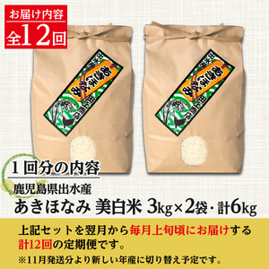 【12回定期便(連続)】鹿児島県 出水市産 あきほなみ 美白米 定期便 (3kg×2袋・計6kg)×全12回 【田上商店】 i652