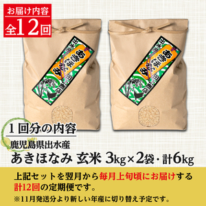 【12回定期便(連続)】鹿児島県 出水市産 あきほなみ 玄米 定期便 (3kg×2袋・計6kg)×全12回 【田上商店】 i651