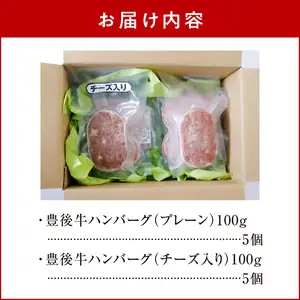 豊後牛ハンバーグ（プレーン・チーズ入り） 合計10個セット（合計約1kg） A05065