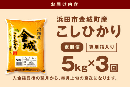 【令和7年産】【定期便】浜田市金城町産「こしひかり」（５ｋｇ×３回コース） 定期便 3回 お取り寄せ 特産 お米 精米 白米 玄米 一等米 コシヒカリ こしひかり ごはん ご飯 コメ 5kg 5キロ 【058_1856】
