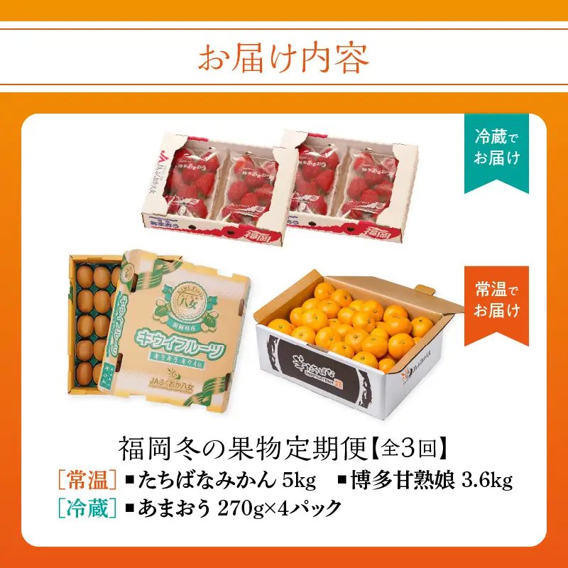 福岡冬の果物定期便【全3回】冬のお届け便　JAふくおか八女からお届け！！ みかん ミカン キウイ あまおう いちご 苺 イチゴ フルーツ 果物 くだもの 人気 旬 福岡県産 アフター補償 数量限定 期間限定 産地直送 全3回 定期便 福岡県 八女市 002-T001