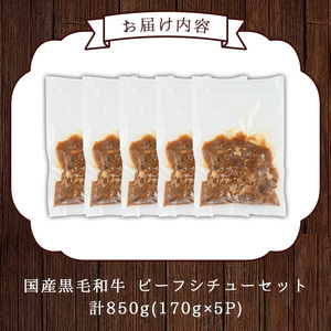 No.131 国産黒毛和牛ビーフシチューセット(計約850g・約170g×5パック)シチュー スープ 国産 国産牛 黒毛和牛 デミグラス 冷凍【arumei】
